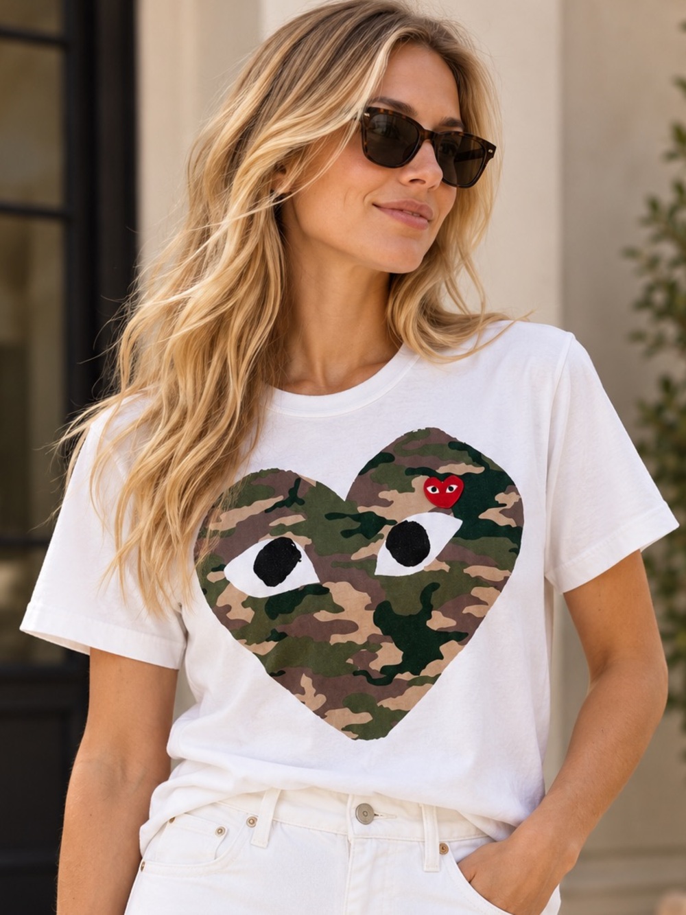 Comme des Garcons White Tee with Camo Heart Graphic